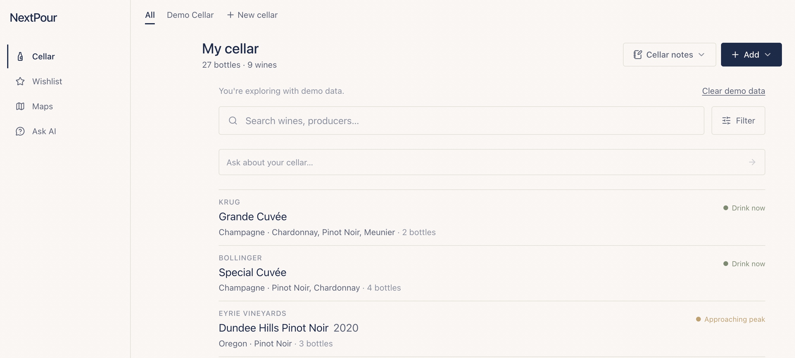 The new landing page — a calm, editorial cellar view. A minimal left rail (Cellar, Wishlist, Maps, Ask AI), grouped wine cards showing producer, wine, and bottle count, with a single understated drinkability label per wine.